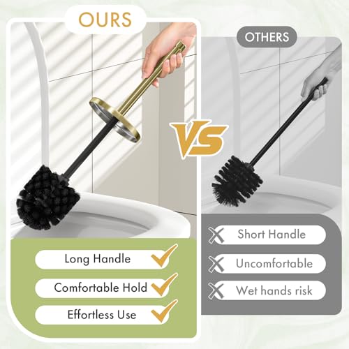 Toilet Bowl Brush and Holder Set 2 Pack with 4 Extra Brush Heads | Extra Long Handle with Splash Guard Cover, Tool-Free Installation, Bathroom Space-Saving, Cleaner Sets for Apartments, RV (Gold) - color: Gold