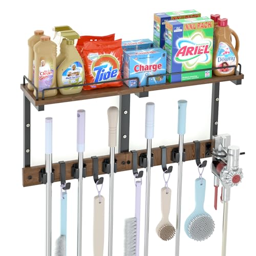 Mop Holder Wall Mount with Cleaning Supplies Organizer, Wood Mop and Broom Hanger Rack Organizer with Anti-Fall Wall Shelf with 5 Clips & Hooks for Garage Laundry Room Kitchen (Dark) - color: Dark