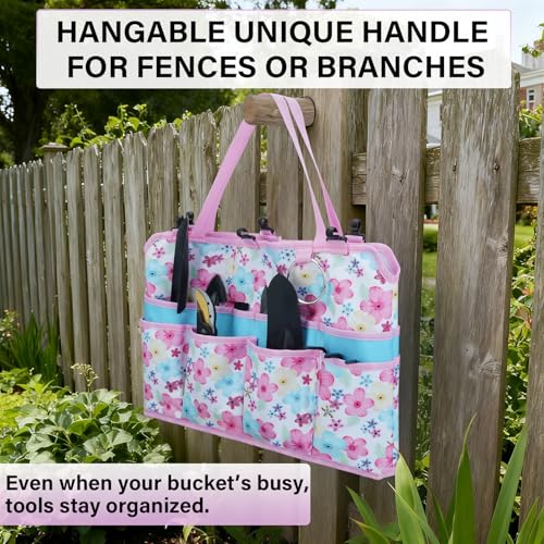 KUNN Gardening Gift for Women Men 5 Gallon Bucket Tool Organizer with 18 Pockets, Heavy-Duty Bucket Buddy Caddy Bag, Garden Tools Organizer Storage with Comfort Grip Handle Pad Attachment,Pink - style: Pink Blossom