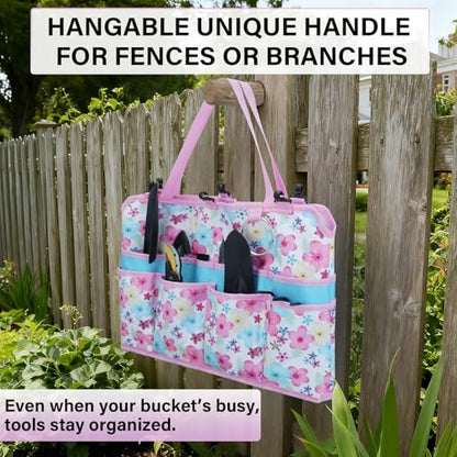 KUNN Gardening Gift for Women Men 5 Gallon Bucket Tool Organizer with 18 Pockets, Heavy-Duty Bucket Buddy Caddy Bag, Garden Tools Organizer Storage with Comfort Grip Handle Pad Attachment,Pink - style: Pink Blossom