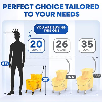 PLASTIC PRINCE Mop Bucket with NEW Reinforced Metal Wringer on Wheels Small Dual Chamber Industrial Mop Bucket with Reinforced Metal Wringer Separate Dirty Water for Business Household 20 Quart Yellow