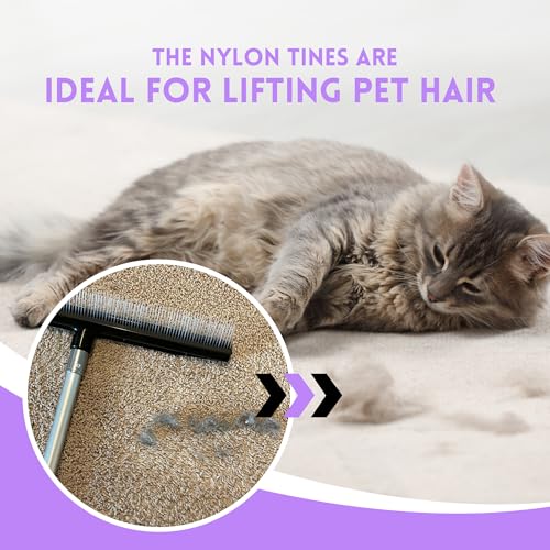 Room Groom PET Carpet Rake and Groomer with Telescoping 54 Inch Adjustable Handle, Rugs, and Artificial Turf, Purple Grip, Black/Purple - style: PET