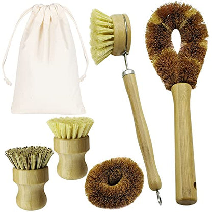 5 Pieces Bamboo Dish Brush Set for Eco-Friendly Home - Wooden Dish Scrubbers, Sustainable Kitchen Cleaning Set, Natural Bristle Dish Brushes for Pots Pans Bottles