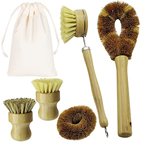 5 Pieces Bamboo Dish Brush Set for Eco-Friendly Home - Wooden Dish Scrubbers, Sustainable Kitchen Cleaning Set, Natural Bristle Dish Brushes for Pots Pans Bottles