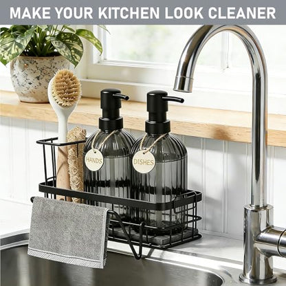 Kitchen Soap Dispenser Set, 14.4 oz/425 ml Hand and Dish Soap Dispenser Set, Dish Soap Dispenser with Sponge Holder & Diatomite Tray, for Countertop Organizer, Black - color: Clear Black