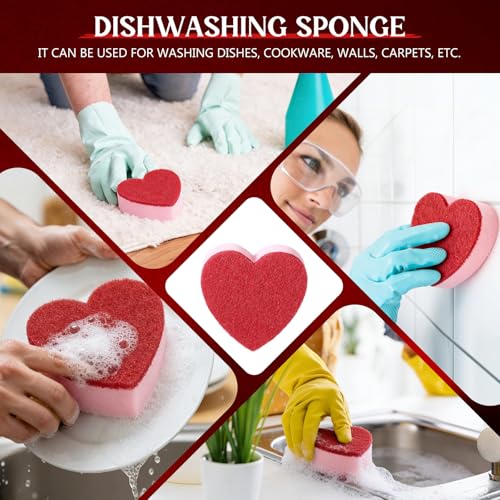 Breling 6 Pcs Heart Shaped Scrub Sponges Valentine Gifts Dual-Sided Kitchen Sponge Heart Kitchen Scrubber for Washing Dishes Pots Pans Household Bathroom Cleaning(Red)