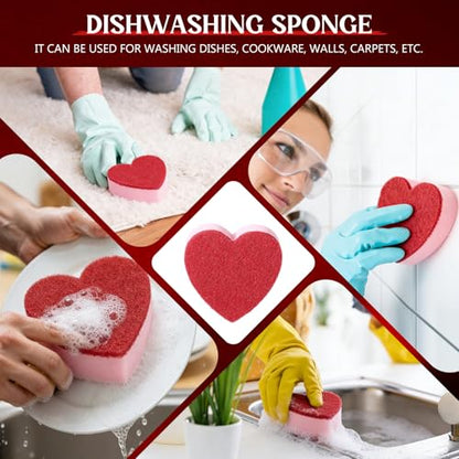 Breling 6 Pcs Heart Shaped Scrub Sponges Valentine Gifts Dual-Sided Kitchen Sponge Heart Kitchen Scrubber for Washing Dishes Pots Pans Household Bathroom Cleaning(Red)