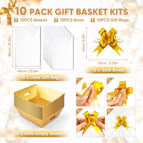 AFOROEOA 10PACK Gold Baskets For Gifts Empty, 10x12” Thick Gift Basket with 10 Bows 10 Bags Empty Gift Baskets for Christmas, Valentine’s Day, Easter, Birthdays, Valentine’s Day Wrapping Gift - color: 10 Gold