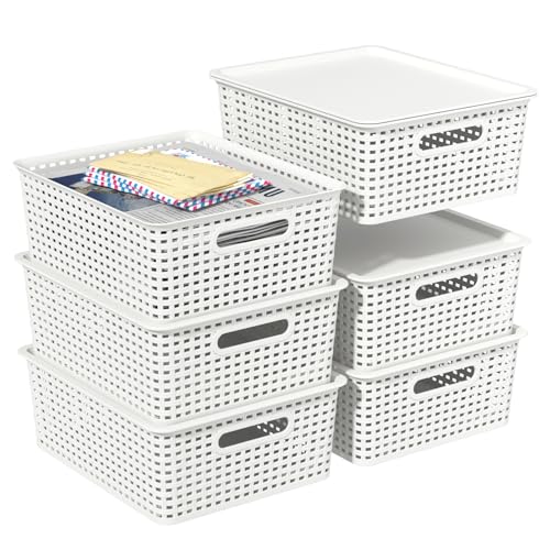 6-Pack Plastic Woven Basket with Lids, Lidded Storage Bin, White | 14.05" x 11.65" x 5.31", Plastic Material, Carry Handle, Dust-Proof Lid, Ideal for Bedroom Bathroom Kitchen Sundry Sorting - color: White