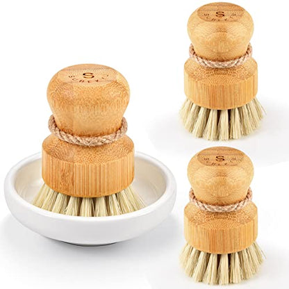 Bamboo Dish Scrub Brushes,Kitchen Wooden Cleaning Scrubbers Set for Washing Cast Iron Pan/Pot, Natural Sisal Bristles, Set of 3 - color: Ceramics Base + 3p Sisal Brushes, size: Regular size