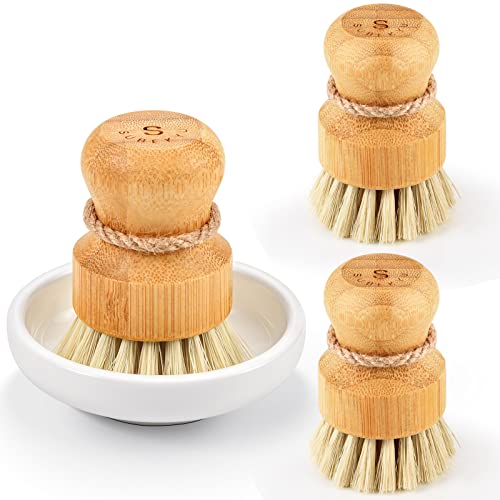 Bamboo Dish Scrub Brushes,Kitchen Wooden Cleaning Scrubbers Set for Washing Cast Iron Pan/Pot, Natural Sisal Bristles, Set of 3 - color: Ceramics Base + 3p Sisal Brushes, size: Regular size
