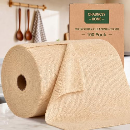 Microfiber Cleaning Cloth Roll - 100 Pack Tear Away Microfiber Paper Towels, Reusable, Washable, Scratch-Free, Kitchen Towels for Car, Home, Kitchen, Glass, Dishes (Wheat Beige) - color: Wheat Beige