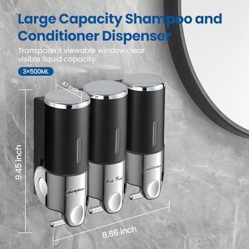 Shampoo and Conditioner Dispenser,Dispensers for The Shower,Shower Soap Dispenser 3 Chamber No Drill,Shampoo Conditioner Body Wash Dispenser Wall Mount for Bathroom(Triple x 17.6 oz,Black) - color: Black