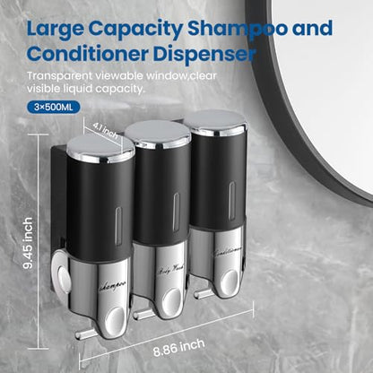 Shampoo and Conditioner Dispenser,Dispensers for The Shower,Shower Soap Dispenser 3 Chamber No Drill,Shampoo Conditioner Body Wash Dispenser Wall Mount for Bathroom(Triple x 17.6 oz,Black) - color: Black