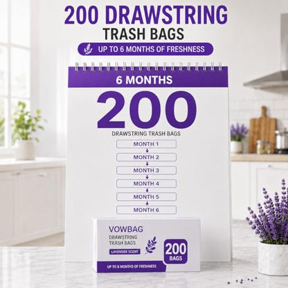 13 Gallon Tall Kitchen Trash Bags, 200 Count Lavender Scented | Drawstring Closure Odor Control Leak Resistant Tear Resistant Easy Tie Handles