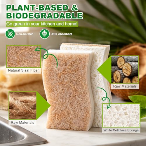 HOMEXCEL Sponges Kitchen, 24 Packs Non-Scratch Natural Sponge for Dishes Cookware, Biodegradable Cellulose Scrub Sponges for Dishwashing Cleaning Household Bathroom - color: Brown-s Shape