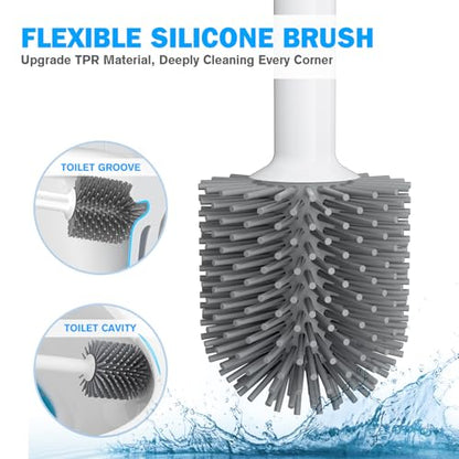 Toilet Plunger and Brush Set, Silicone Bowl Brush and Heavy Duty Toilet Plunger with Ventilated Holder, 2-in-1 Toilet Brush and Plunger Combo for 5.3-inch Toilet Drain Bathroom Deeply Cleaning - color: White & Grey01