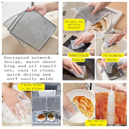 Double layer metal wire scratch free cloth, dry and wet dual-purpose metal wire dishwashing cloth, suitable for kitchen cleaning, cookware, tableware, sink, stove, etc., easy to rinse (10 pieces)