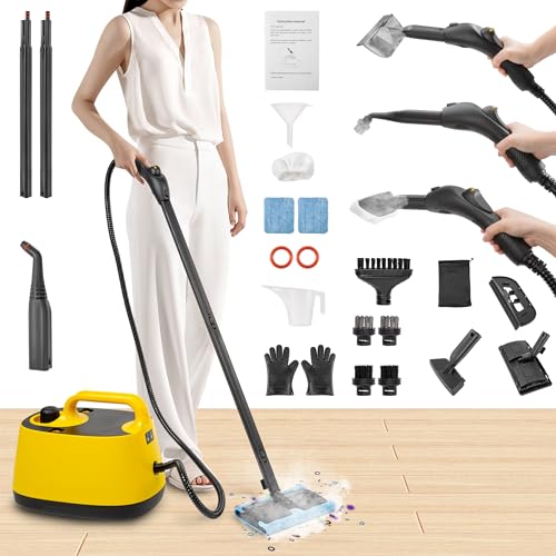 WICHEMI Steam Cleaner with Extension Pole, 51 oz, Steam Cleaner for Home, Adjustable Steam Pressure, 26 Accessories, Handheld Steam Cleaner for Walls, Gaps, Hard Floors, and Tiles - color: Yellow - 1500ML Water Tank
