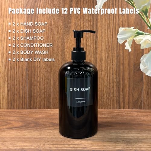 Soap Dispenser with Waterproof Labels, Thickened Plastic Hand Soap Dispenser for Bathroom, Kitchen Dish Washing Liquid Bottles, Shampoo and Conditioner Bottles (16.9 oz, Set of 2, Black) - color: Black