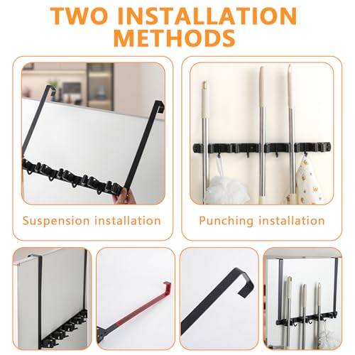 UKQRRTC Over The Door Broom Holder with 2 Hooks Wall Mount Mop and Broom Holder Stainless Steel Mop Holder Utility Broom Gripper Drilling Free Mop Hanger for Home Bathroom Kitchen Garage, Black
