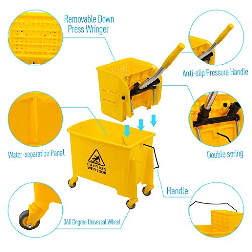 Mop Bucket & Side Wringer Combo for Home & Restaurant, Commercial Mop Bucket with Side Press Wringer on Wheels, Heavy Duty & Commercial Janitorial Cart for Business
