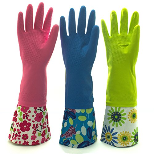Reusable Waterproof Household Latex Cleaning Gloves, Long Cuff, Kitchen Gloves. 16 inches Long - Pack of 3 (Medium)