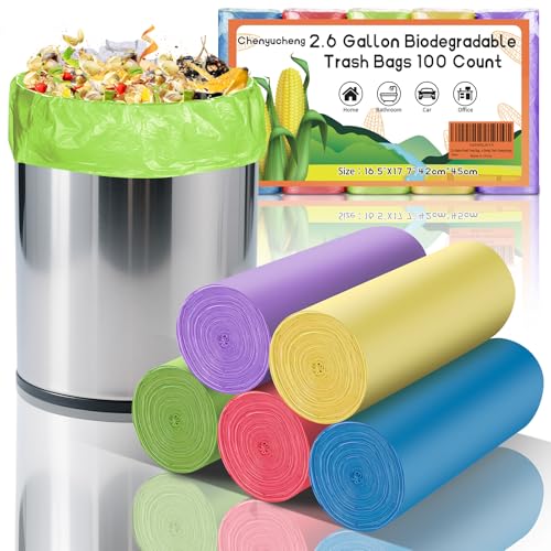 2.6 Gallon Small Trash Bags Bathroom - Compostable Colorful Mini Garbage Bags 100 Count Unscented 10 Liter Biodegradable Little Waste Basket Kitchen Office Car Tiny Liners Strong Thick Chenyucheng - style: 2.6gallon Colorful 100