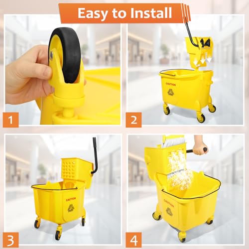 38 Qt Commercial Mop Bucket with Side Press Wringer on Wheels and Mops Set for Floor Cleaning,Including 1 Industrial Mop and Wet Floor Caution Sign,Yellow,Beyoco
