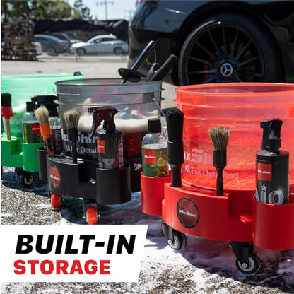 Maxshine Universal Rolling Bucket Dolly – Black Heavy-Duty Polypropylene Car Wash Bucket Cart with 5 Swivel Wheels, 5 Bottle & Brush Holders – Spill-Free Auto Detailing Storage & Garage Organization - color: Bucket Dolly (Black)
