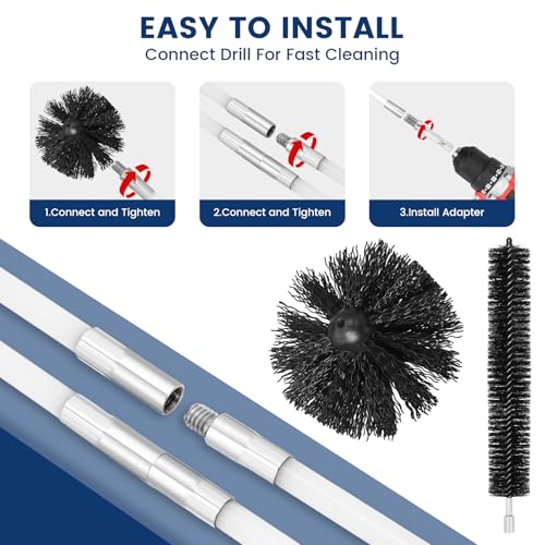 HOKLNUSE Dryer Vent Cleaner Kit Ducts Cleaning Kit for Dryer Air Duct HVAC Vent Fireplace Chimney Pellet Stove Gutter Downspout Dryer Vent Lint Removers with 1.5" 4" 6" Brush Heads(30 Feet) - size: 30 Feet