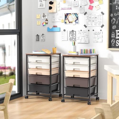 SYKIARIOL Utility Cart with 5 Drawers,Storage Drawer Cart with Wooden Tabletop and Lockable Wheels,Craft Storage Trolley Cart,5-Tier Rolling Utility Cart on Wheels,Dark Brown - color: Dark Brown