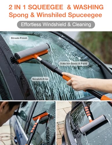 Car Washing Kits with 12 FT Telescoping Pole, Cleaning Chenille Mop, Soft Bristles Wash Brush, Window Squeegee, Waterproof Glove, Wheel Brush Extension Wash Detailing for RV, Truck, Boat, House Siding