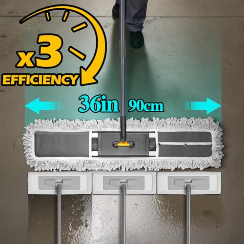 MASTERTOP Commercial Mop, 36'' Large Dust Mop,Heavy Duty Industrial Push Mops with 3 Reusable Microfibre Pads & 62'' Adjustable Handle for Home,Hotel,Mall,Warehouse - color: Grey(36"*5.1")