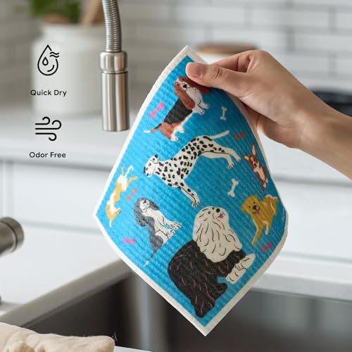 RECYCO Swedish Dishcloths for Kitchen | 6 Pack Doggy Daydreams Washable Dish Rags | Cellulose Reusable Cleaning Paper Towels | Absorbent Counter Dish Cloth Sponge Kitchen Wipes, 8" L x 7" W - color: Doggy Daydreams - 6 Pack