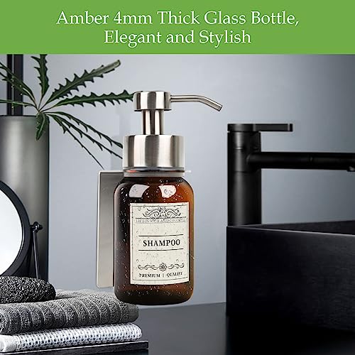 Wall Mount Soap & Shampoo Dispenser, 8.5oz Silver Pump Bottle | silver & brown design with leakproof pump and waterproof labels; rust-resistant, easy to refill for modern hotels. - color: Silver Set of 1
