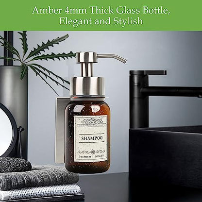Wall Mount Soap & Shampoo Dispenser, 8.5oz Silver Pump Bottle | silver & brown design with leakproof pump and waterproof labels; rust-resistant, easy to refill for modern hotels. - color: Silver Set of 1