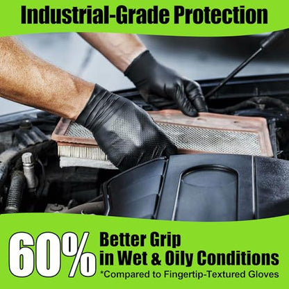 TREEGO Black Heavy Duty Rubber Gloves 10 Mil Nitrile Gloves - Raised Diamond Texture Grip for Automotive & Mechanic - Latex Free Disposable Gloves Medium, 100 Count - color: Black 100, size: Medium