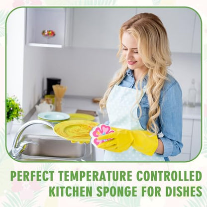 AnyDesign 4Pcs Hibiscus Flower Kitchen Sponges Water Absorbing Dish Washing Sponge Tropical Hawaiian Floral Dual Sided Non Scratch Scrubber for Summer Aloha Festival Household Supplies