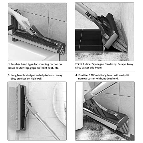2 in 1 Cleaning Floor Scrub Brush Floor Brush Scrubber New Upgraded 53.5" Long Handle Grout Brush Scrape V-Shape Stiff Bristle Cleaning Brush with Squeegee 120°Rotating Tile Brush for Bathroom - color: Gray