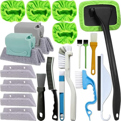 CRAFNEW Small Window Track Cleaning Kit, 20Pcs Multi-Purpose Household Cleaning Tools with Squeegee, Detail Brush & Reusable Microfiber Pads for Sliding Door, Glass, Bathroom Mirror, Auto Windshield