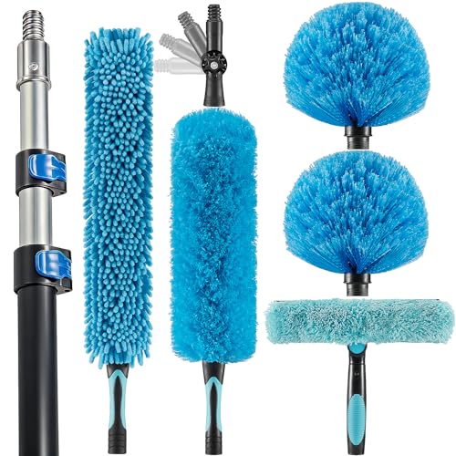 20 Foot High Ceiling Fan Duster with 5-12ft Extension Pole, Extendable Reusable Cobweb, Feather, Window Cleaning Squeegee Kit - size: 12ft
