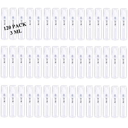 Mini Spray Bottle, Clear Plastic Empty Sample Containers, Fine Mist Perfume Travel Refillable Spray Bottle Perfume Atomizer Small Portable Bottle for Cleaning, Essential Oils 120Pcs 3ml - style: 120PCS,3ML