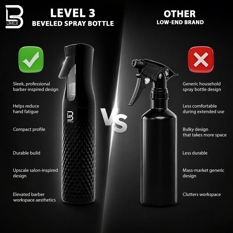 L3 Beveled Spray Bottle - Continuous Spray with a Fine Mist Pattern - Barber and Hair Stylist Supplies - Less Hand Fatigue Compared to Standard Bottles - Level Three Barber Spray - 300 ml (Black) - color: Black