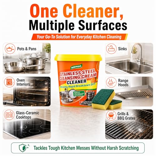 STAINLESS STEEL CLEANER & POLISH - Heavy Duty Cleaning Paste for Stove, Oven, Pans, Cookware, Sink | All Purpose Multi-Purpose Household Cleaner | Removes Grease & Stains | with 2 Sponges (500g)