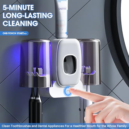 2 Cups Wall-Mounted Toothbrush Sterilizer Holder with Toothpaste Dispenser - 4 Slots,3 in 1 Toothbrush Cleaner, No Drilling, USB Charging, Ideal for Family Bathroom (Grey-Double Cup) - color: Grey-double Cup
