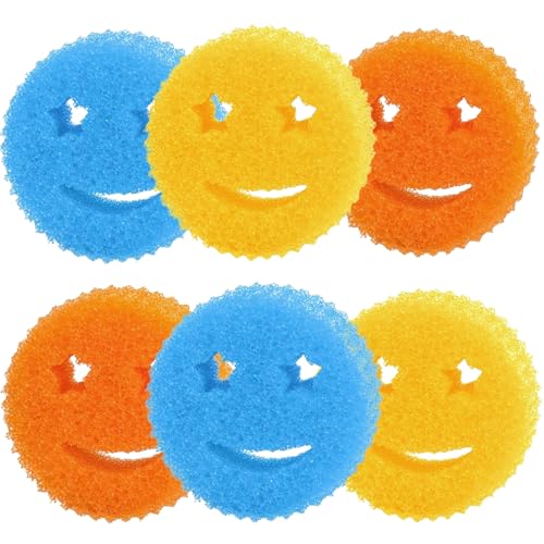 Dish Scrub Sponges, Non-Scratch Temperature Controlled Smiley Color Sponge | Scrubber Dishwasher Safe for Household Cleaning, Kitchen, Bathroom, Stain Odor Resistant Polymer Multi-Functional Bulk Pads - color: Blue/Orange/Yellow, size: 6Pcs