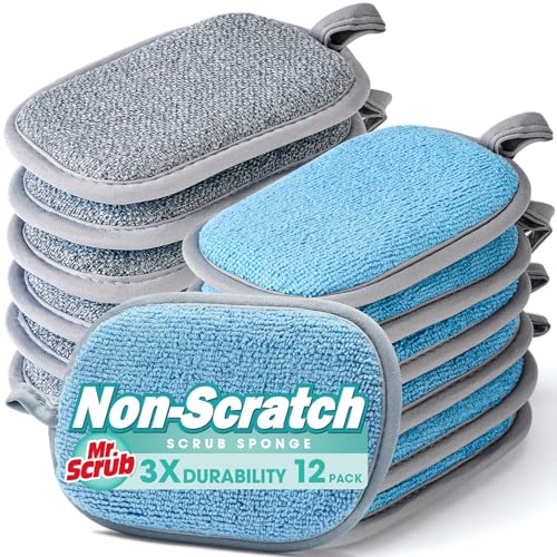 Sponges Kitchen Dish Sponge for Washing Dishes Cleaning Kitchen, All-Purpose, 12 Pack, Non Scratch, Rough Scrubbers Side for Non-Stick Cookware, Soft Microfiber Scrub Side for Dishes, Mr. Scrub - color: Grey & Blue, size: 12 Pack - Standard