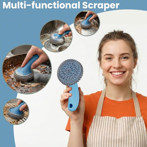 Cast Iron Scrubber with Long Handle | 316 Cast Iron Cleaner Chainmail Scrubber for Pan Skillet Cleaner - Dish Scouring Pad Dishwasher Safe Cleaning Kit (Blue, 1 Scrubber + 1 Scraper) - color: Blue, 1 Scrubber + 1 Scraper