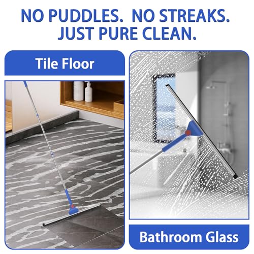 COBETE Floor Scrubber Grout Brush with 16.92IN Large Floor Rubber Squeegee, V-Shaped Scrub Brush and Foam Squeegee Collaborate Cleaning For Tiles, Marble, Glass in Bathrooms, Kitchen,Garages, Pet Hair